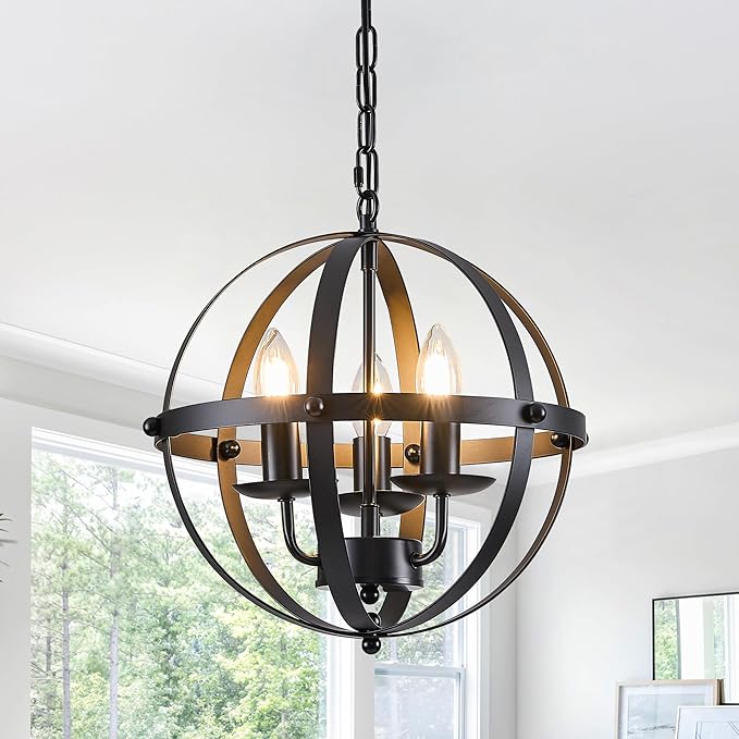 Modern Industrial Orb Chandelier – Black Metal Globe Pendant Light (3-Light Fixture)