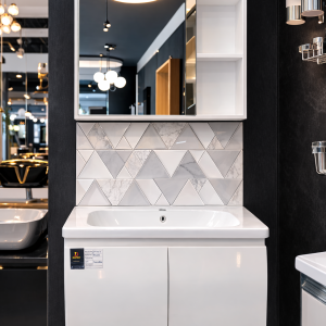 modern wall mounted bathroom vanity with mirror & storage shelves