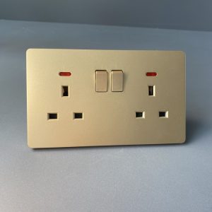 premium double wall socket in white, grey, and gold. durable, stylish, and ideal for powering multiple devices