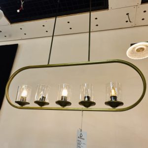 modern linear pendant chandelier – 5 light glass cylinder hanging light (gold finish)