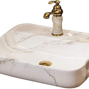 Marble-Effect Rectangular Countertop Wash Basin