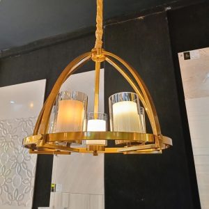 Gold Arc Chandelier with Fabric Cylinder Shades